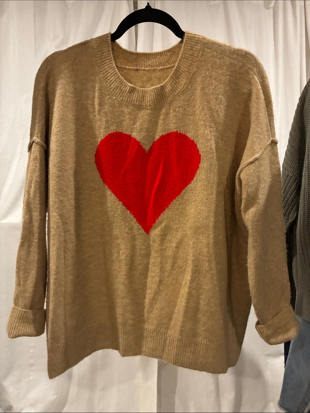 Women’s Camel Sweater with Red Heart